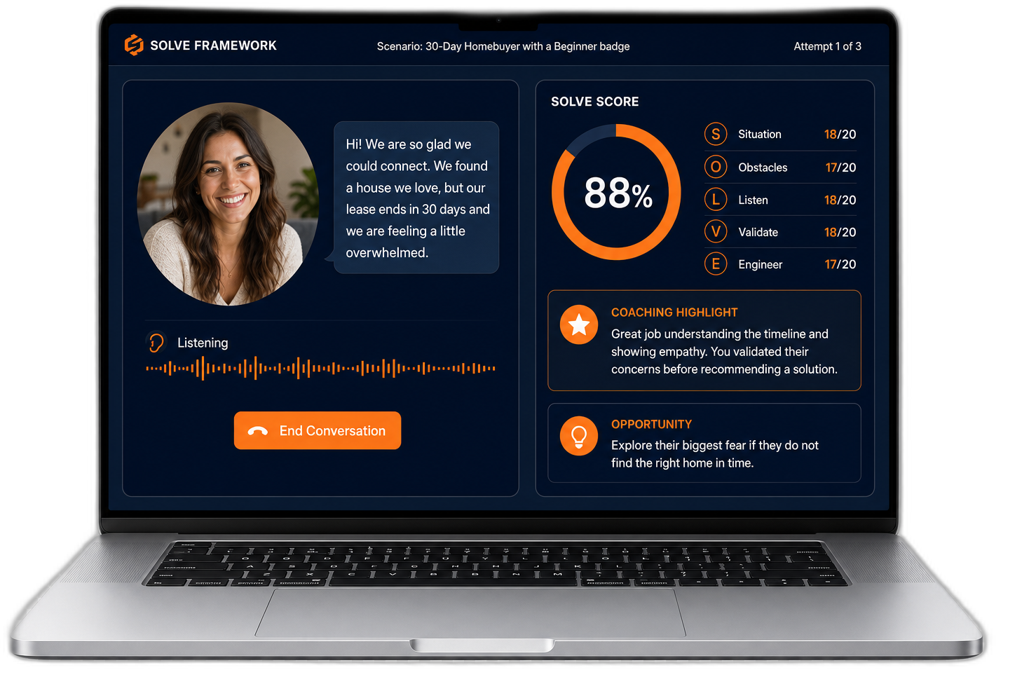 Laptop showing a SOLVE Framework voice roleplay session with an AI real-estate buyer, a live SOLVE Score of 88%, and the Situation, Obstacles, Listen, Validate, and Engineer breakdown