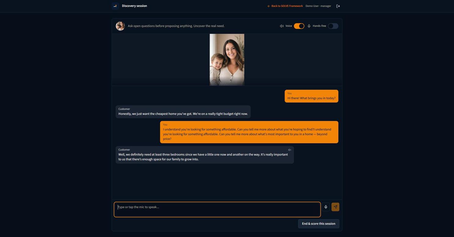 Screenshot of a live discovery roleplay conversation with an AI customer inside the SOLVE Framework platform