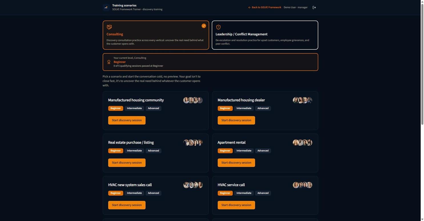 Screenshot of the SOLVE Framework platform showing the Consulting and Leadership track picker with a grid of industry verticals and Beginner, Intermediate, and Advanced difficulty levels